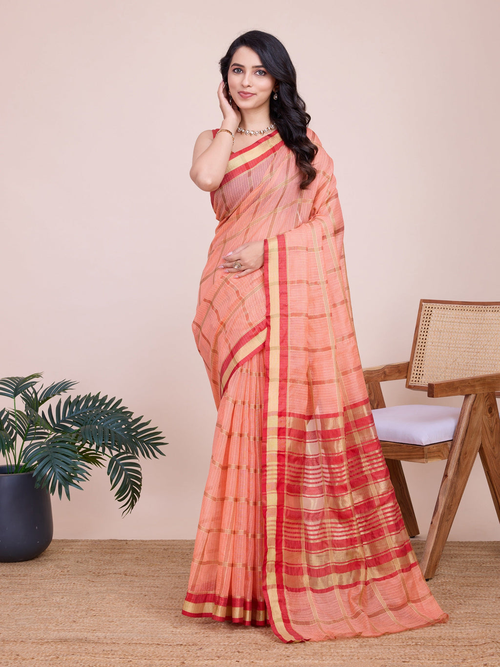 Vedant Vastram Cotton Silk Jacquard Fancy Saree - Peach