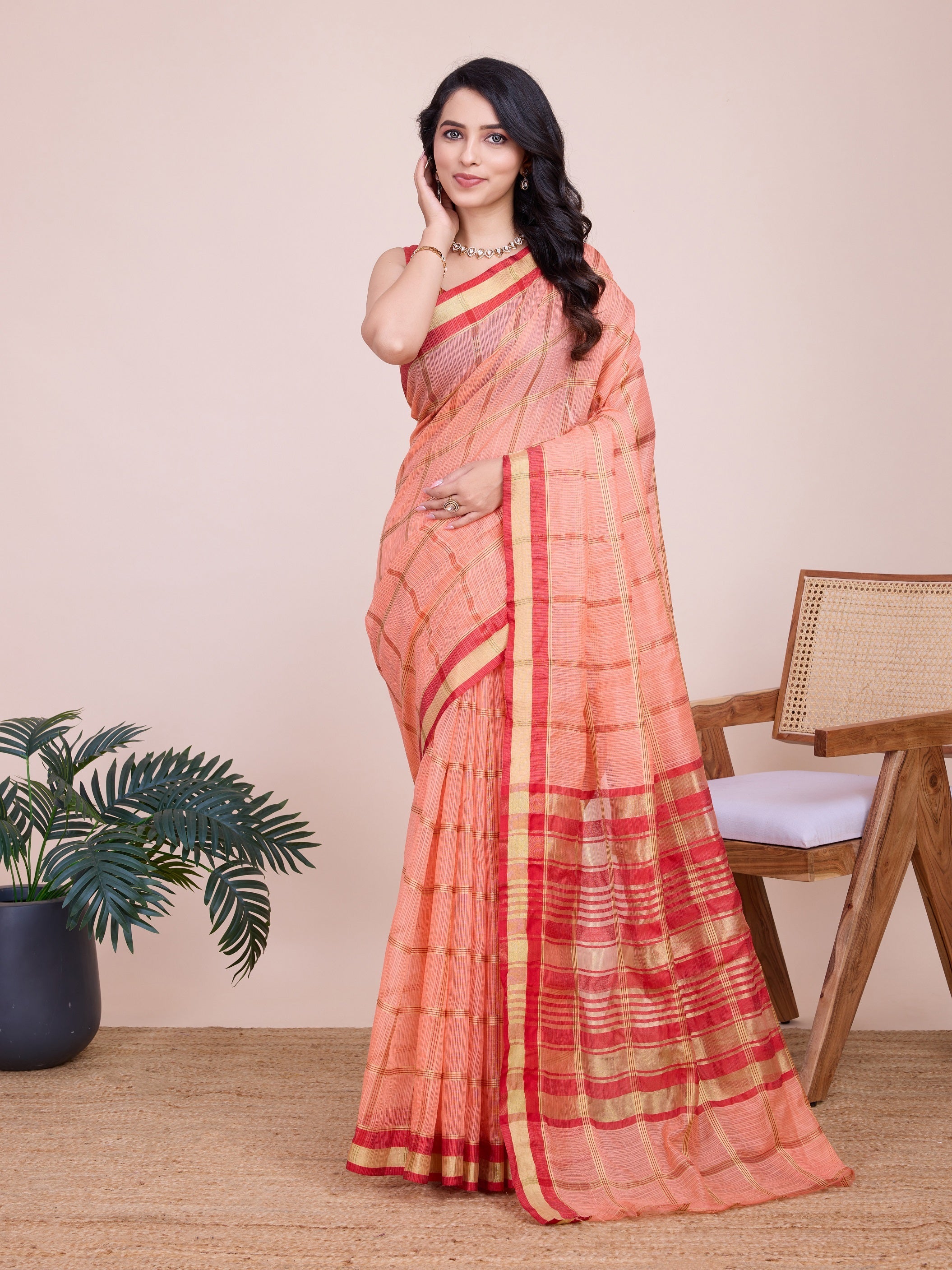 Vedant Vastram Cotton Silk Jacquard Fancy Saree - Peach