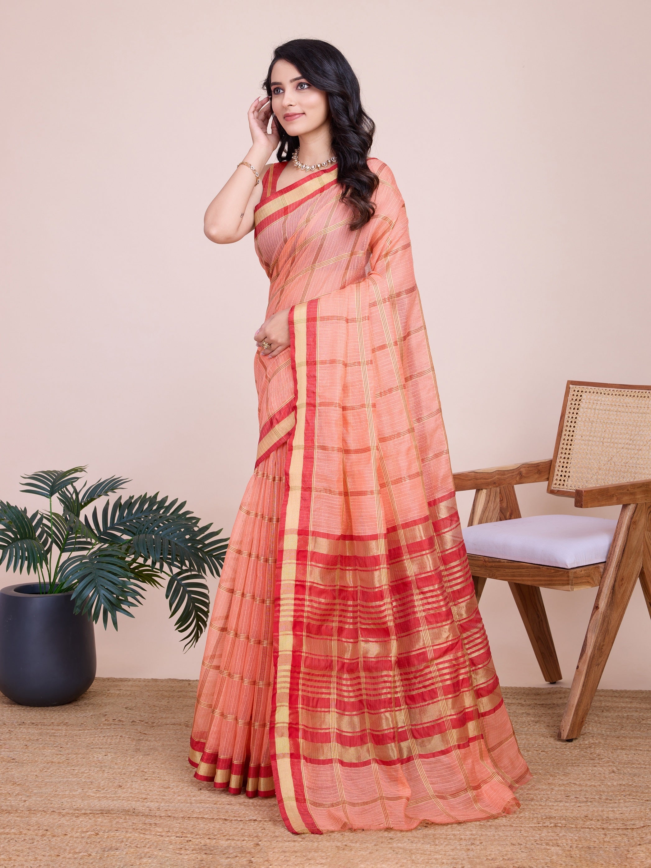 Vedant Vastram Cotton Silk Jacquard Fancy Saree - Peach