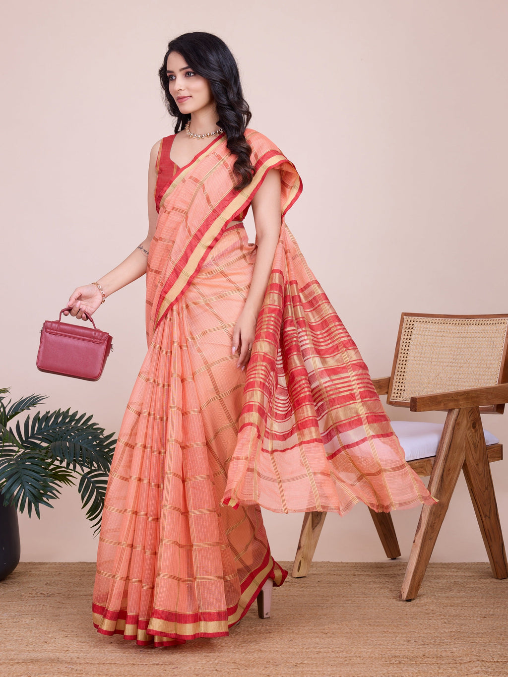 Vedant Vastram Cotton Silk Jacquard Fancy Saree - Peach