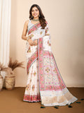 Vedant Vastram Maslin Cotton Printed & Hand work Fancy Saree - White