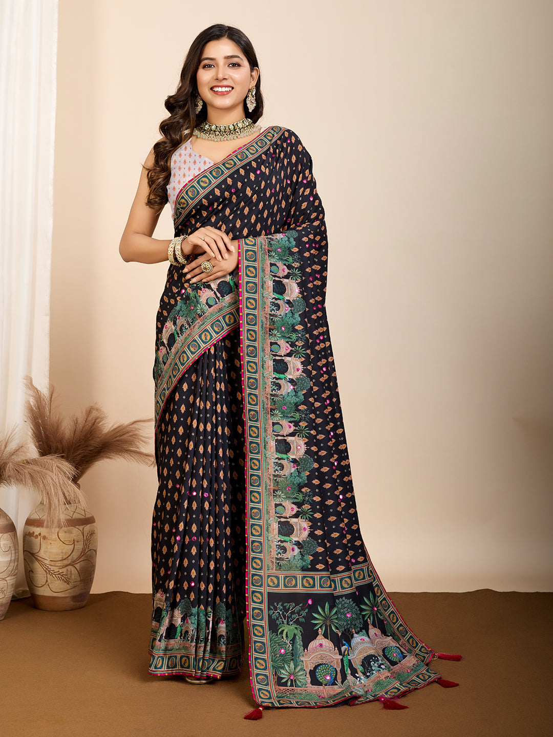 Vedant Vastram Maslin Cotton Printed & Hand work Fancy Saree - Black