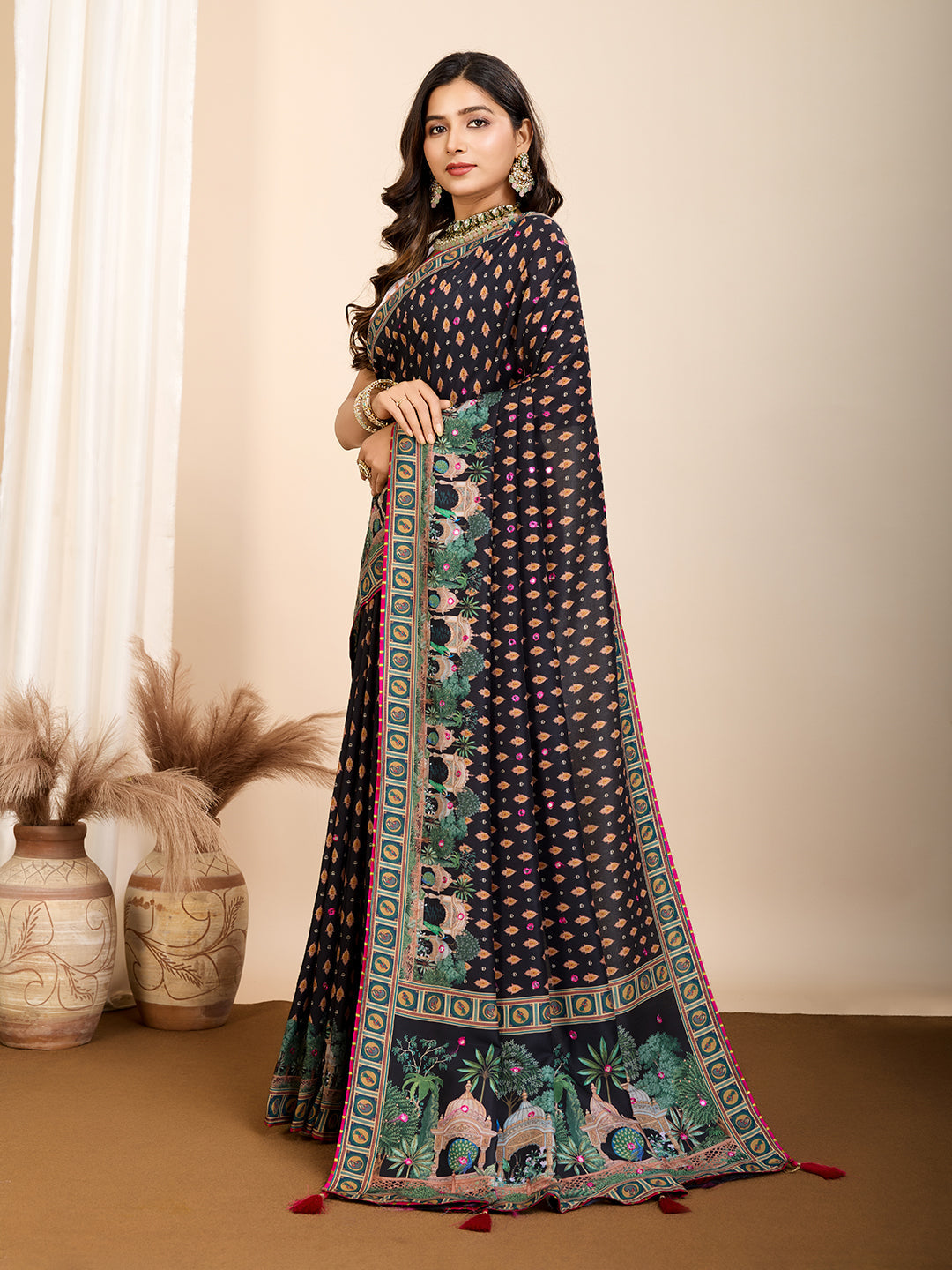 Vedant Vastram Maslin Cotton Printed & Hand work Fancy Saree - Black
