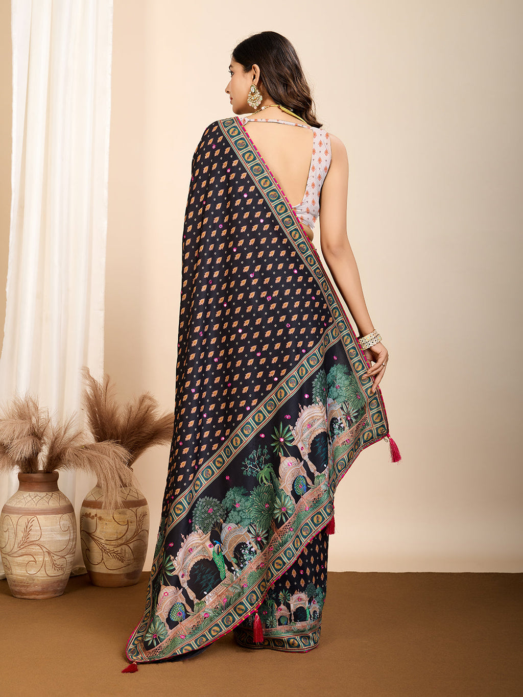 Vedant Vastram Maslin Cotton Printed & Hand work Fancy Saree - Black
