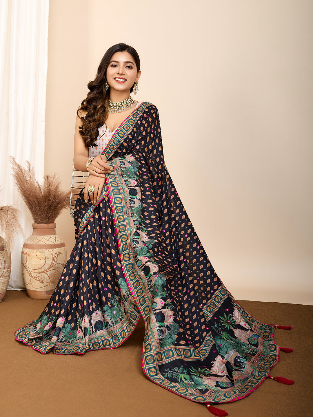 Vedant Vastram Maslin Cotton Printed & Hand work Fancy Saree - Black