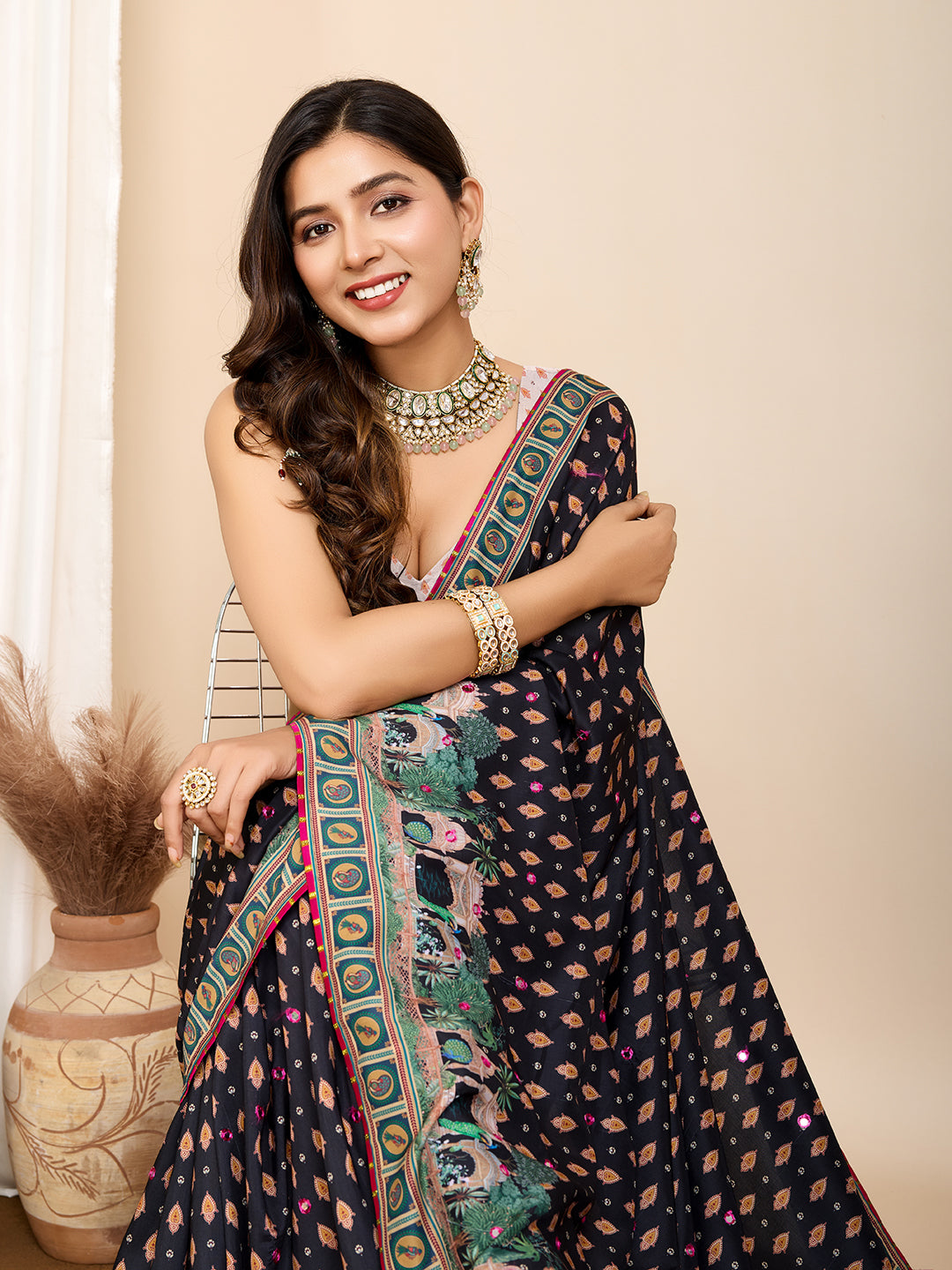 Vedant Vastram Maslin Cotton Printed & Hand work Fancy Saree - Black