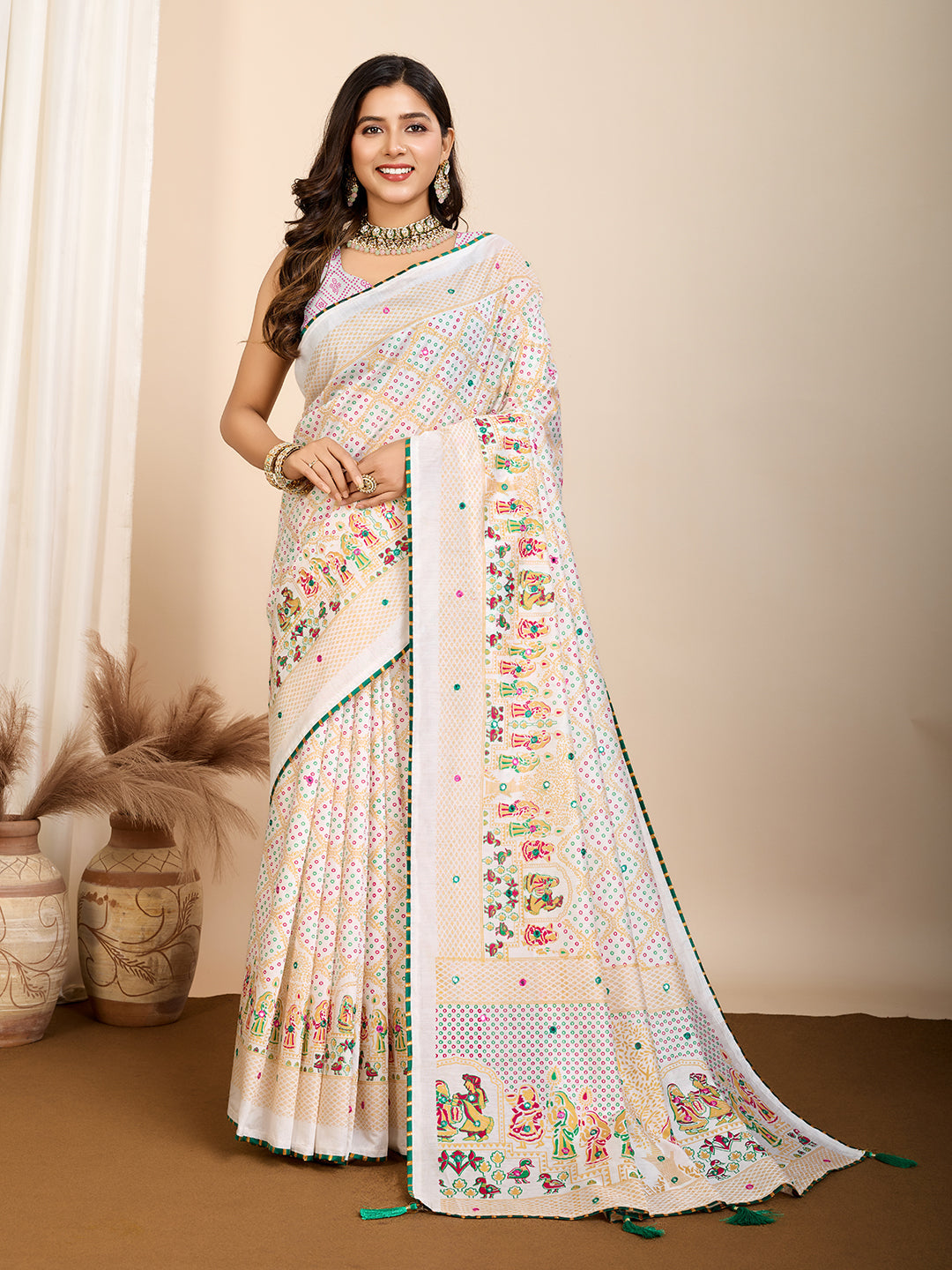 Vedant Vastram Maslin Cotton Printed & Hand work Fancy Saree - White