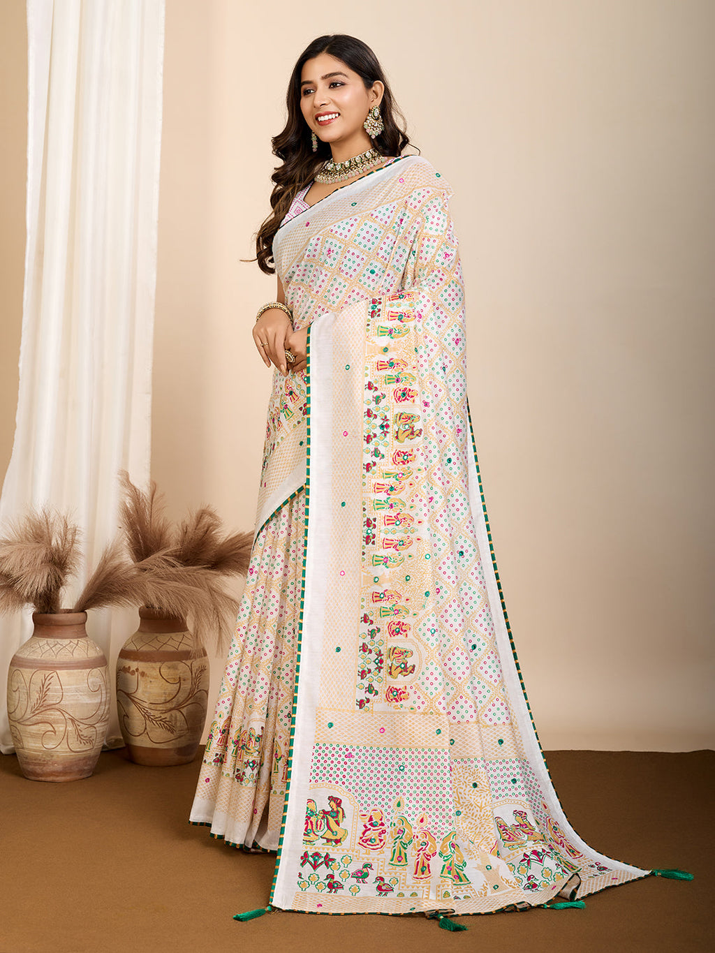 Vedant Vastram Maslin Cotton Printed & Hand work Fancy Saree - White
