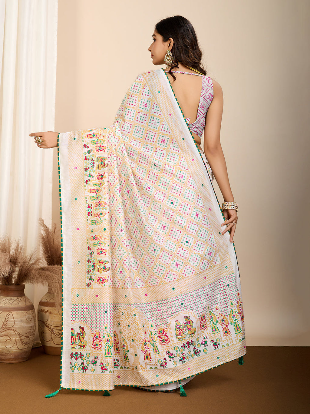 Vedant Vastram Maslin Cotton Printed & Hand work Fancy Saree - White