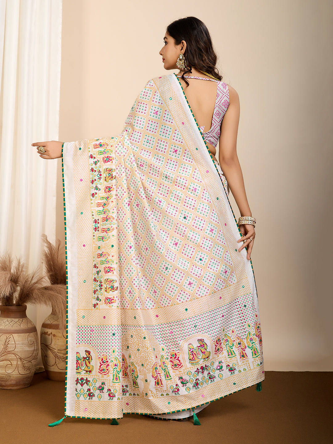 Vedant Vastram Maslin Cotton Printed & Hand work Fancy Saree - White