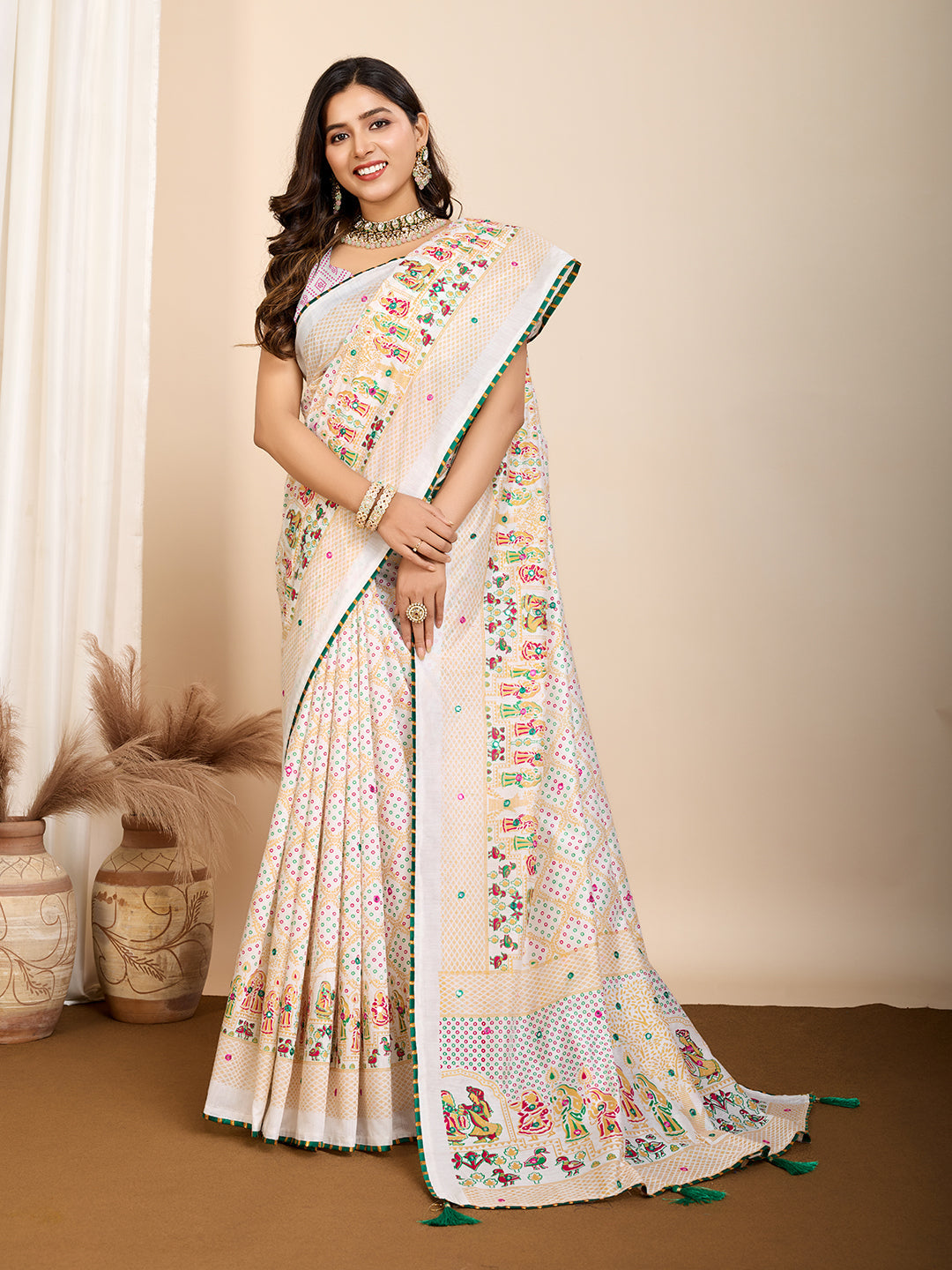 Vedant Vastram Maslin Cotton Printed & Hand work Fancy Saree - White