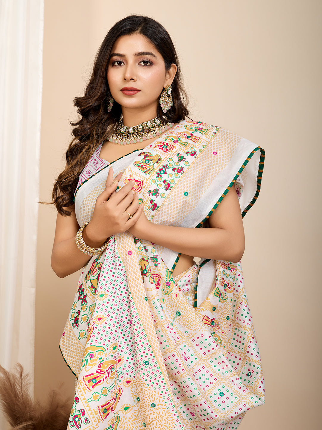 Vedant Vastram Maslin Cotton Printed & Hand work Fancy Saree - White