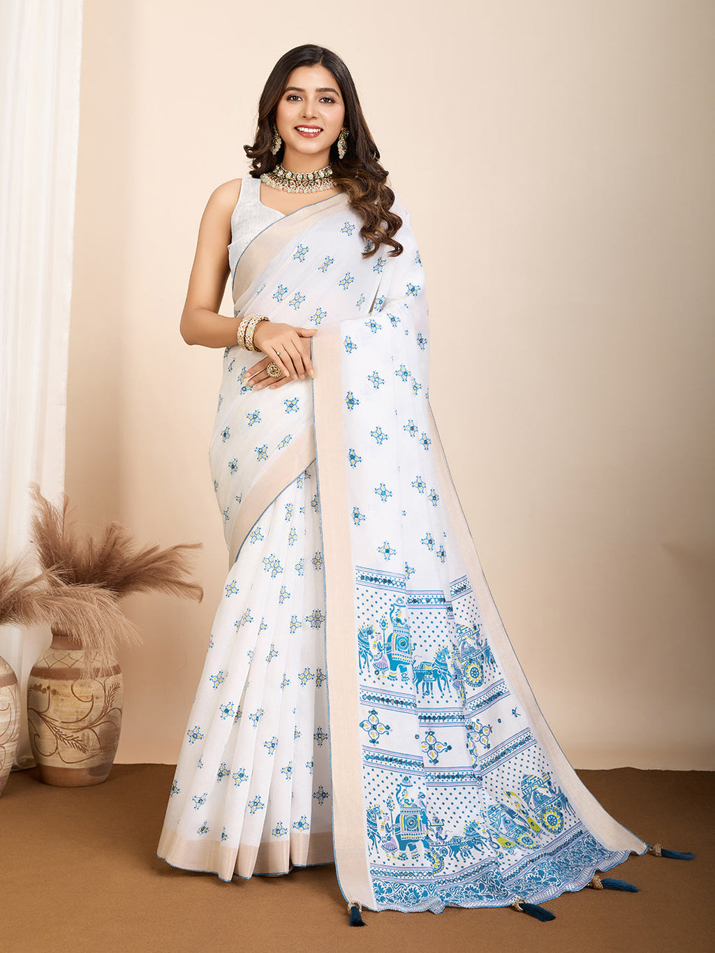 Vedant Vastram Maslin Cotton Printed & Hand work Fancy Saree - Blue
