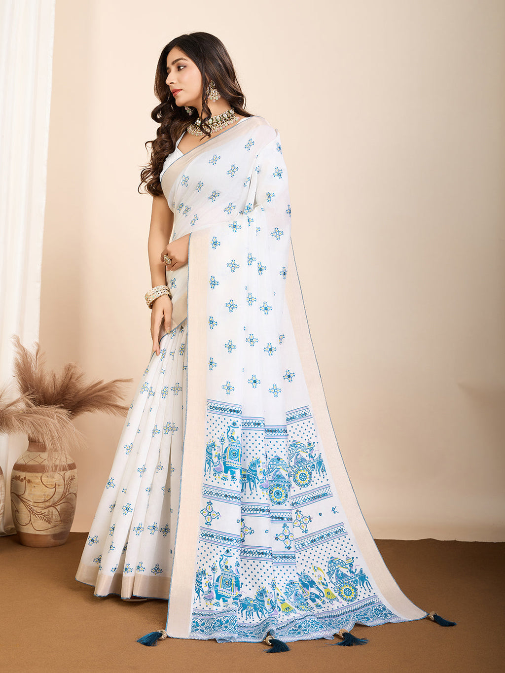 Vedant Vastram Maslin Cotton Printed & Hand work Fancy Saree - Blue