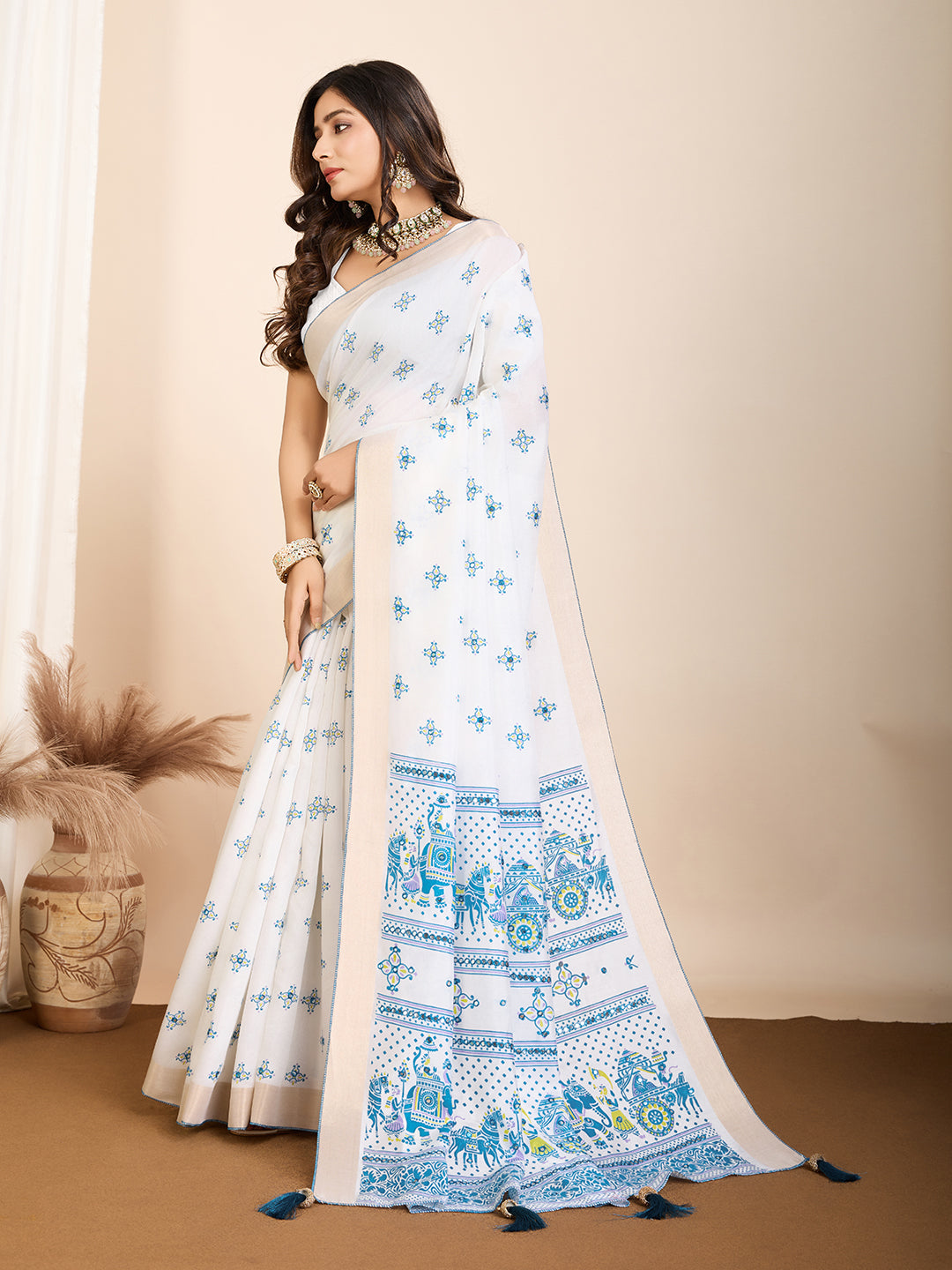 Vedant Vastram Maslin Cotton Printed & Hand work Fancy Saree - Blue