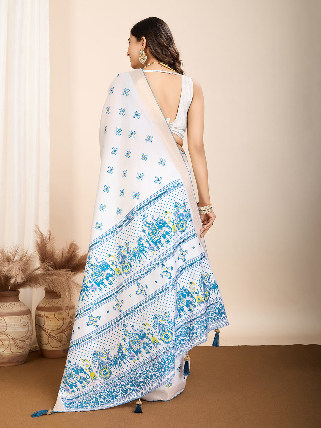 Vedant Vastram Maslin Cotton Printed & Hand work Fancy Saree - Blue