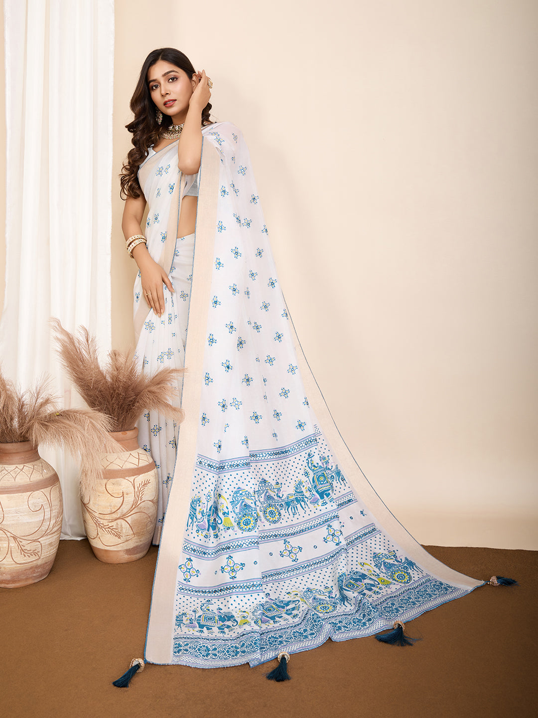 Vedant Vastram Maslin Cotton Printed & Hand work Fancy Saree - Blue