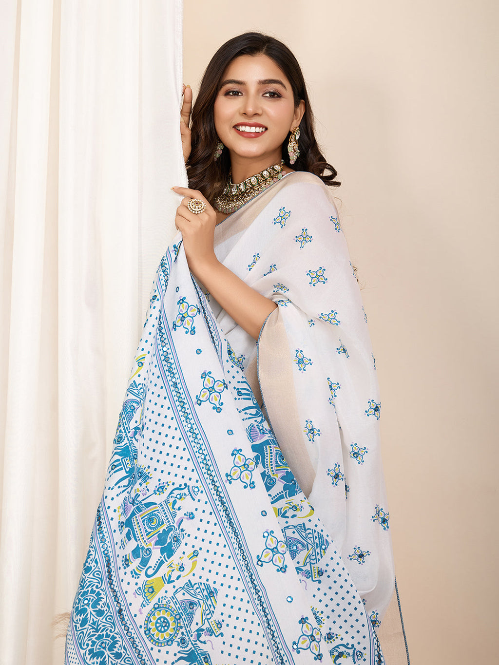 Vedant Vastram Maslin Cotton Printed & Hand work Fancy Saree - Blue