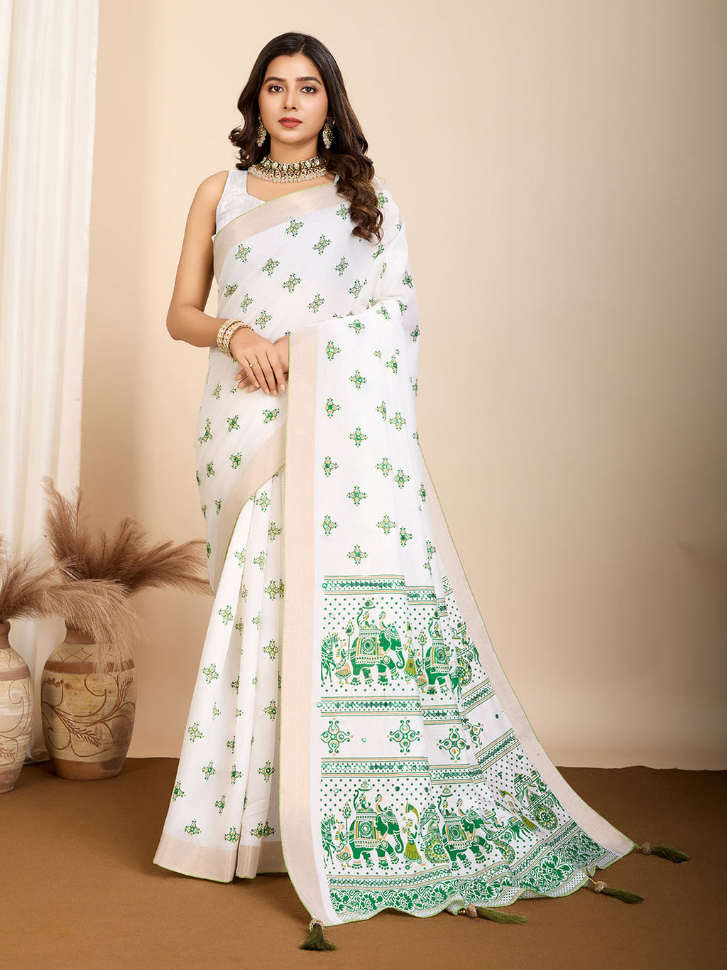 Vedant Vastram Maslin Cotton Printed & Hand work Fancy Saree - Green
