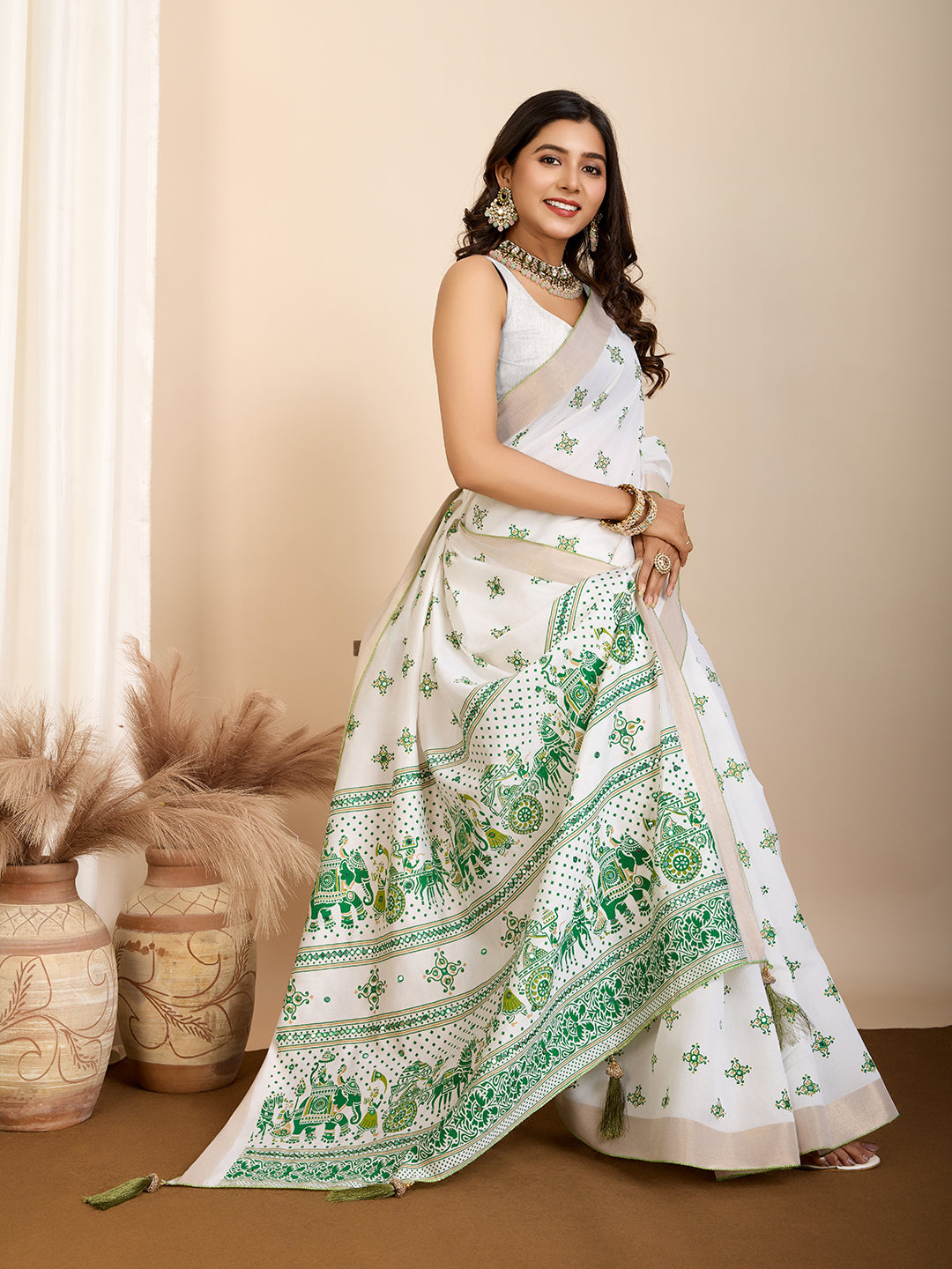 Vedant Vastram Maslin Cotton Printed & Hand work Fancy Saree - Green