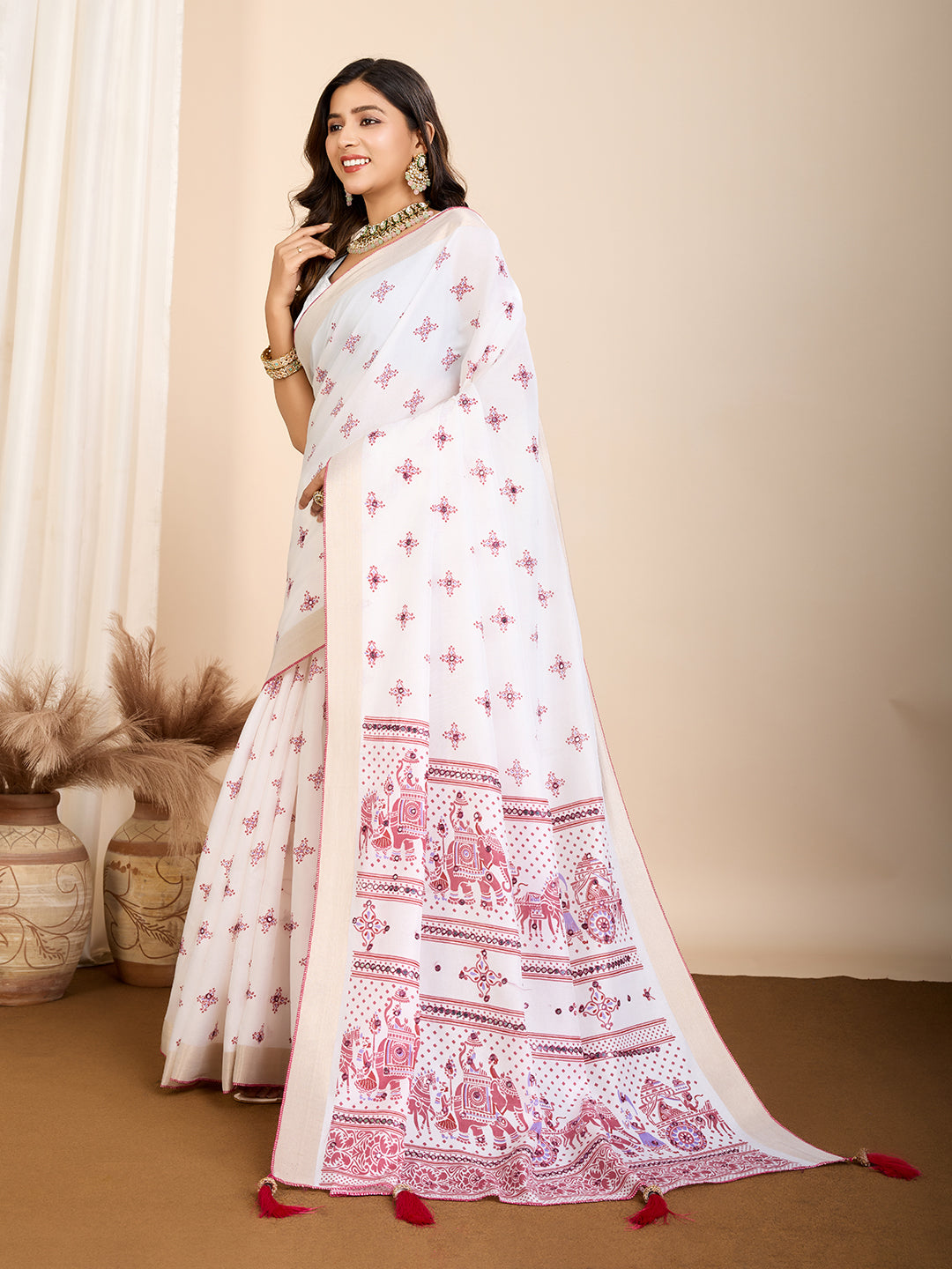 Vedant Vastram Maslin Cotton Printed & Hand work Fancy Saree - Pink