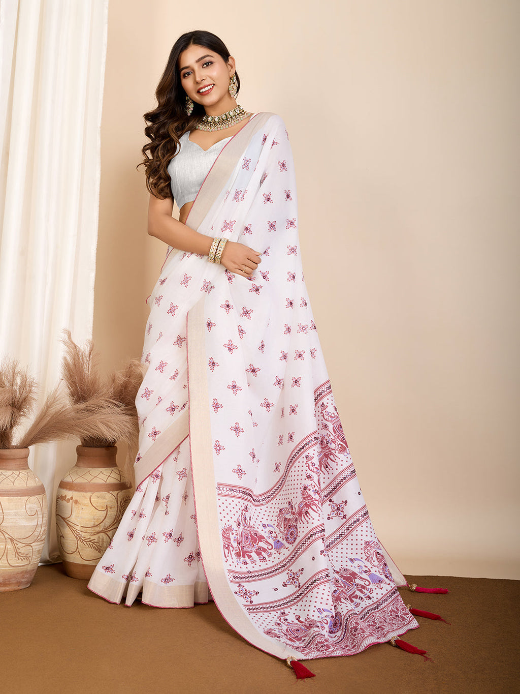 Vedant Vastram Maslin Cotton Printed & Hand work Fancy Saree - Pink