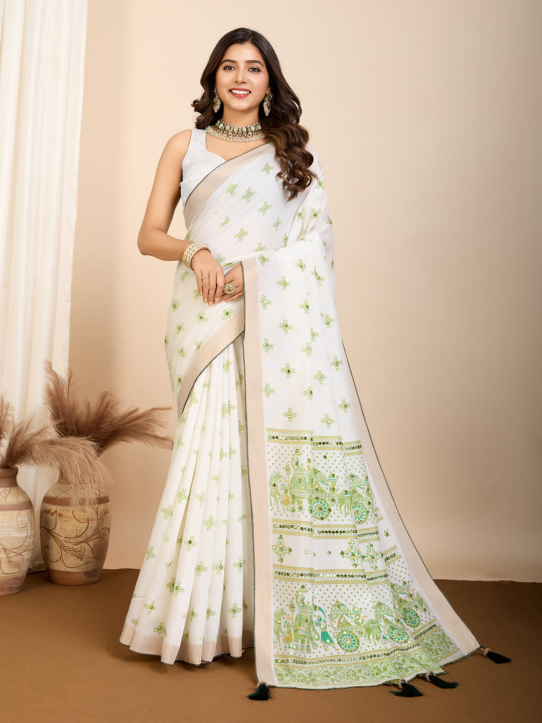 Vedant Vastram Maslin Cotton Printed & Hand work Fancy Saree - Pista