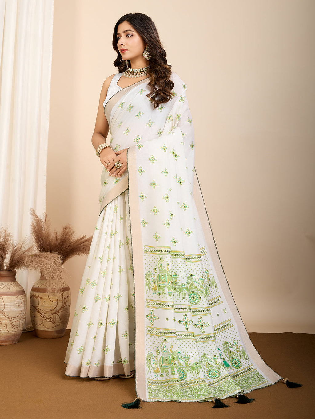 Vedant Vastram Maslin Cotton Printed & Hand work Fancy Saree - Pista