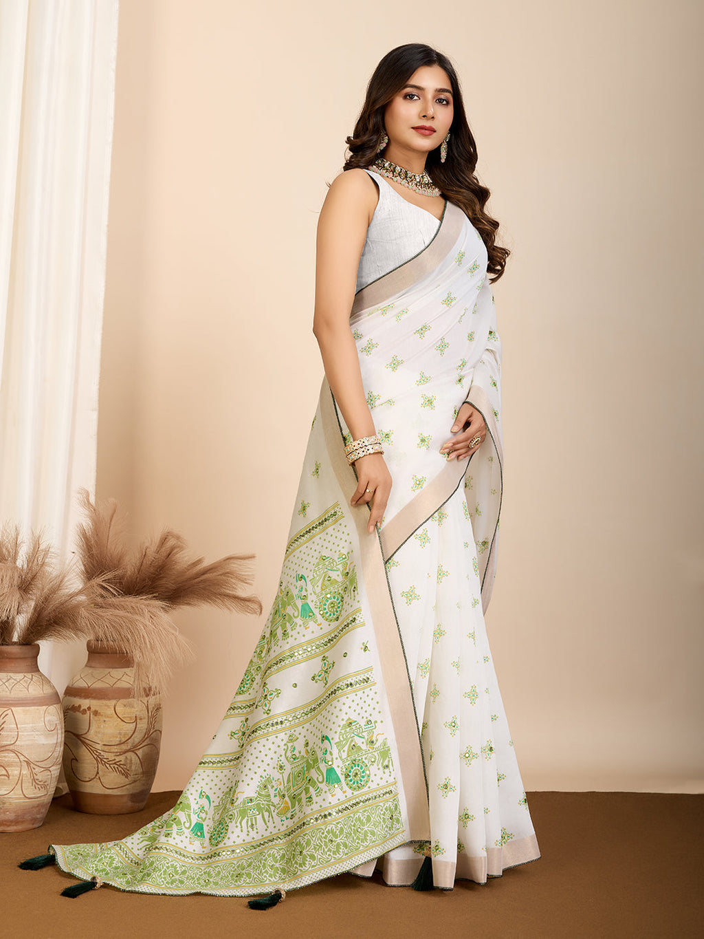 Vedant Vastram Maslin Cotton Printed & Hand work Fancy Saree - Pista