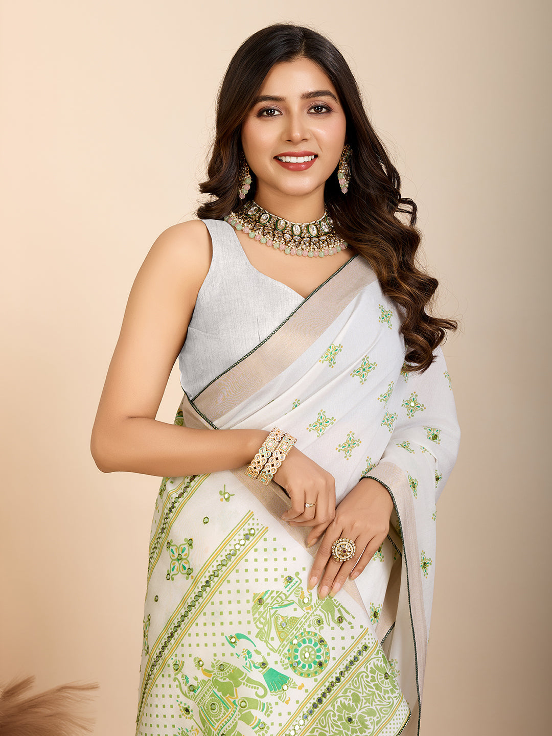Vedant Vastram Maslin Cotton Printed & Hand work Fancy Saree - Pista