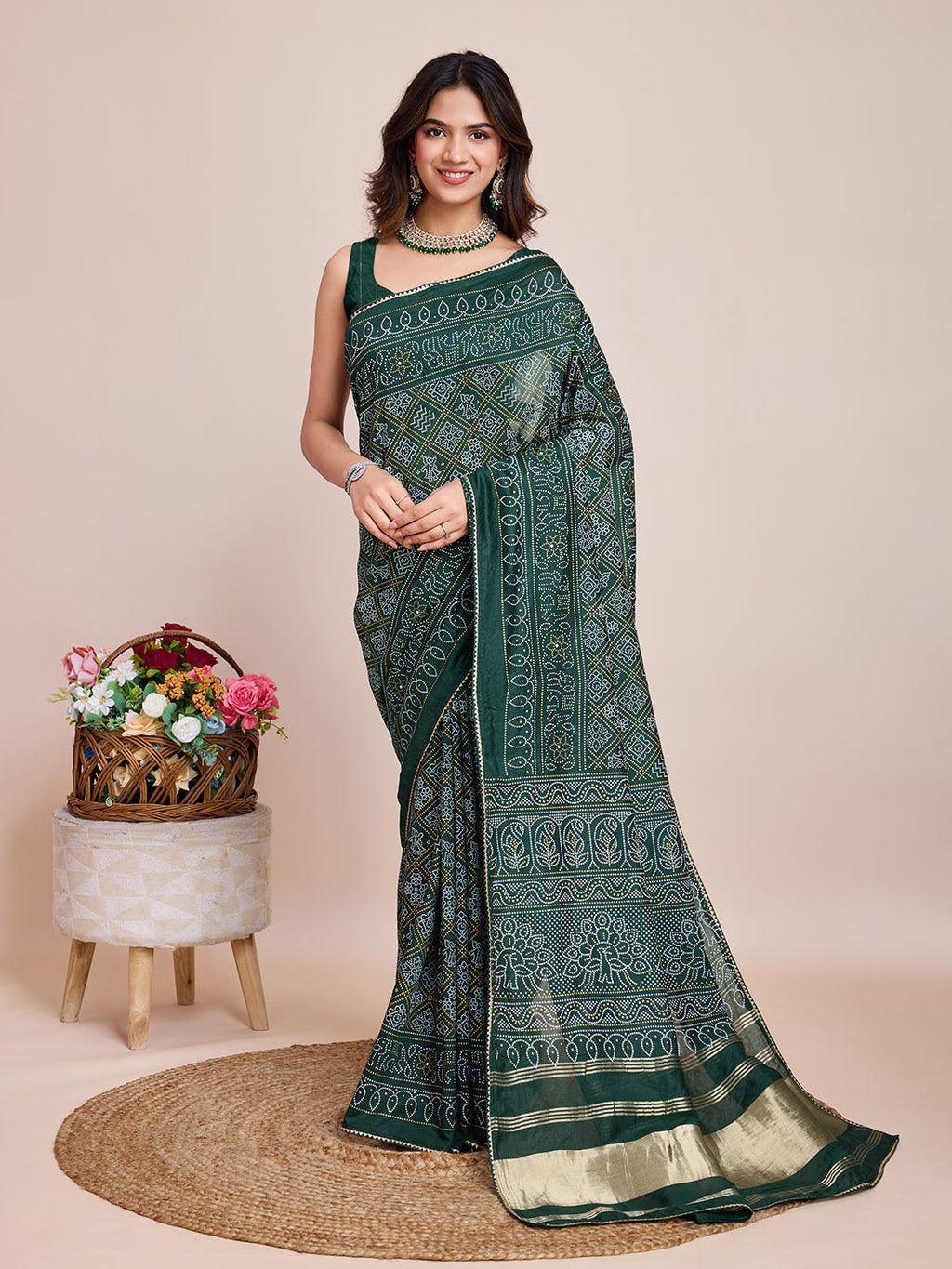 Vedant Vastram Semi Cotton Bandhani Printed Saree - Green