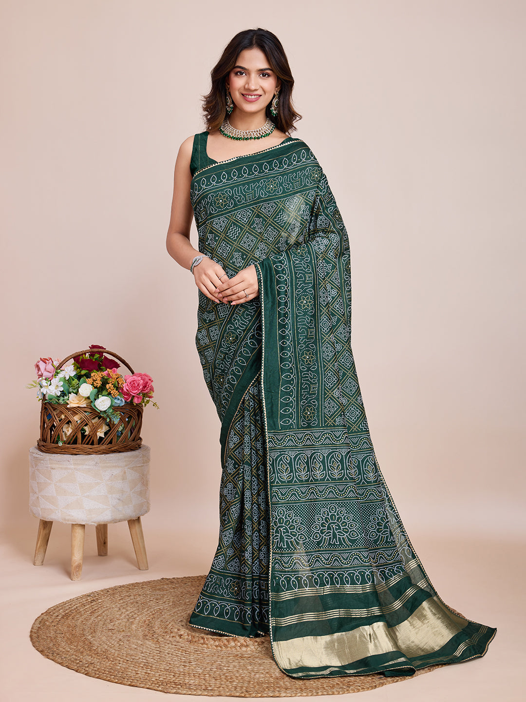 Vedant Vastram Semi Cotton Bandhani Printed Saree - Green