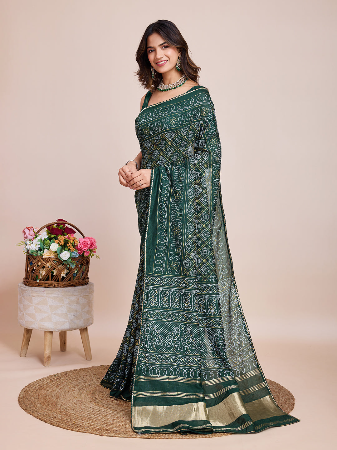 Vedant Vastram Semi Cotton Bandhani Printed Saree - Green