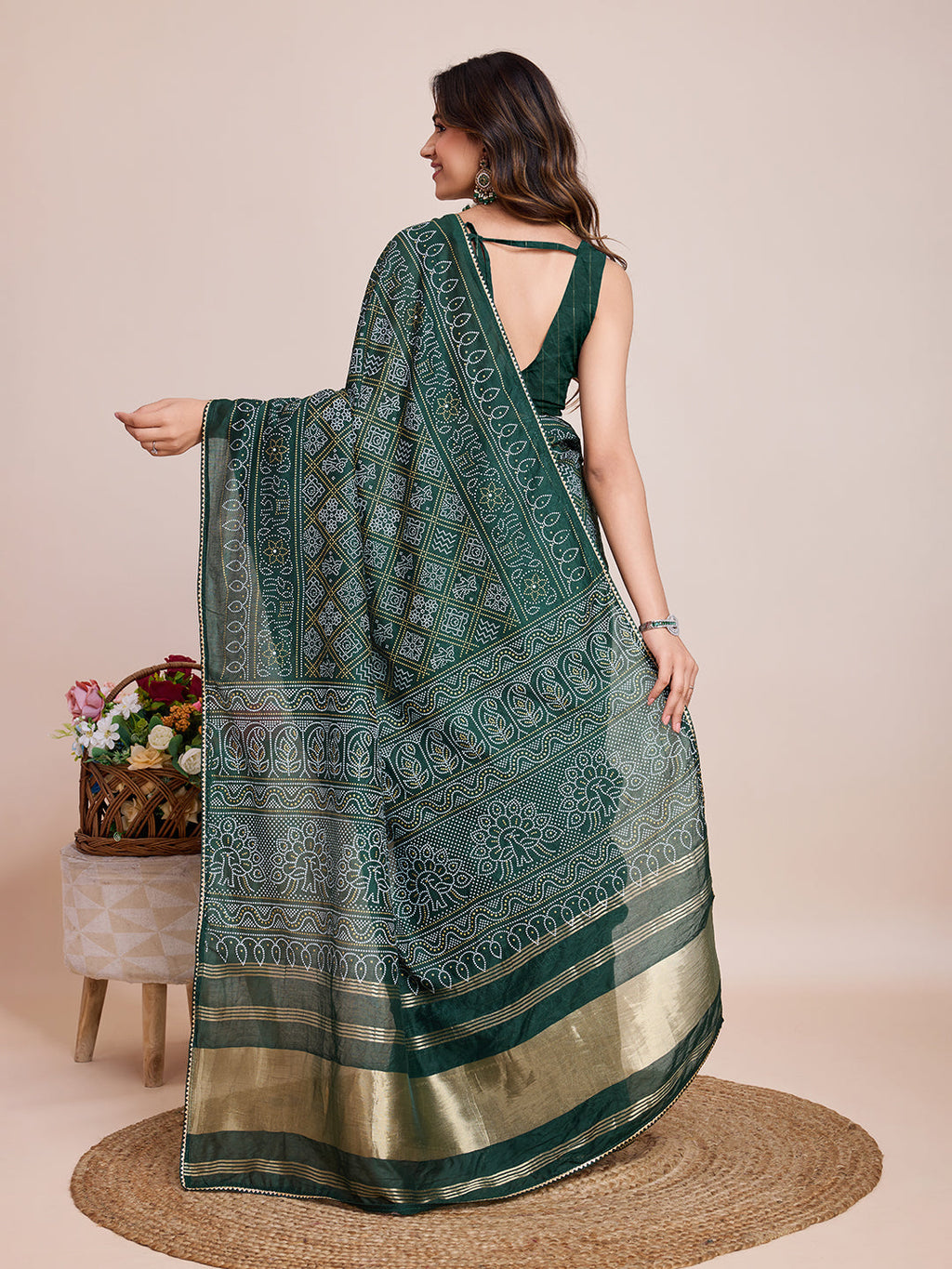 Vedant Vastram Semi Cotton Bandhani Printed Saree - Green