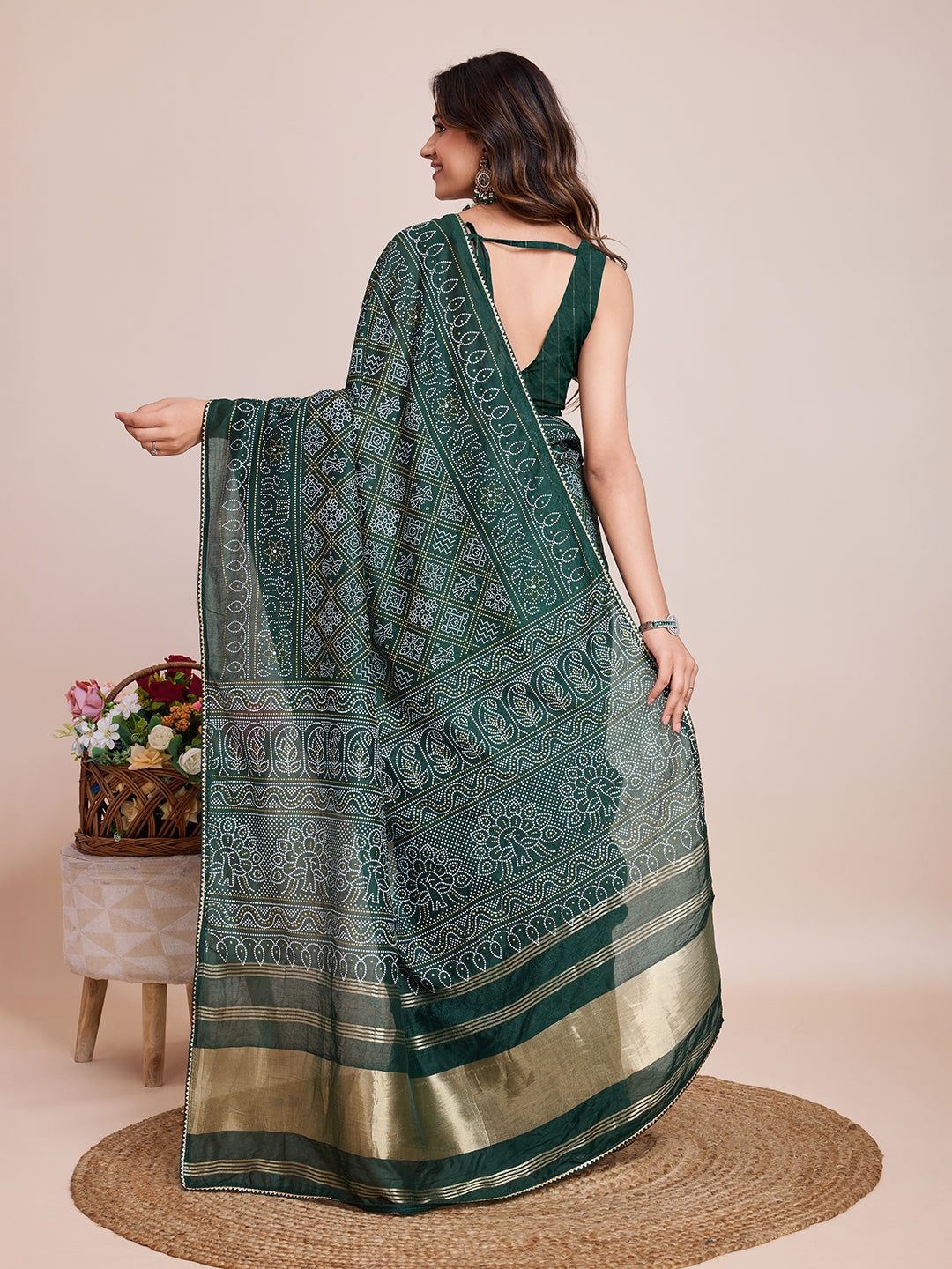 Vedant Vastram Semi Cotton Bandhani Printed Saree - Green