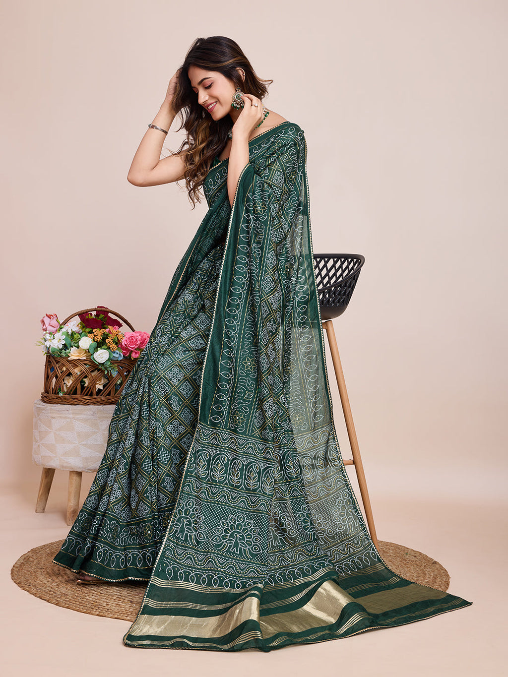 Vedant Vastram Semi Cotton Bandhani Printed Saree - Green