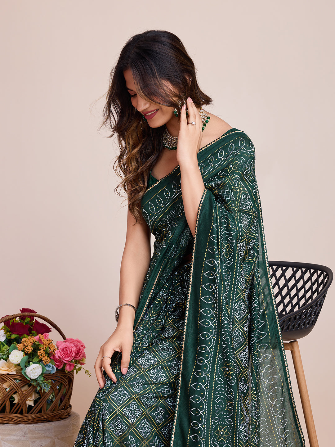 Vedant Vastram Semi Cotton Bandhani Printed Saree - Green