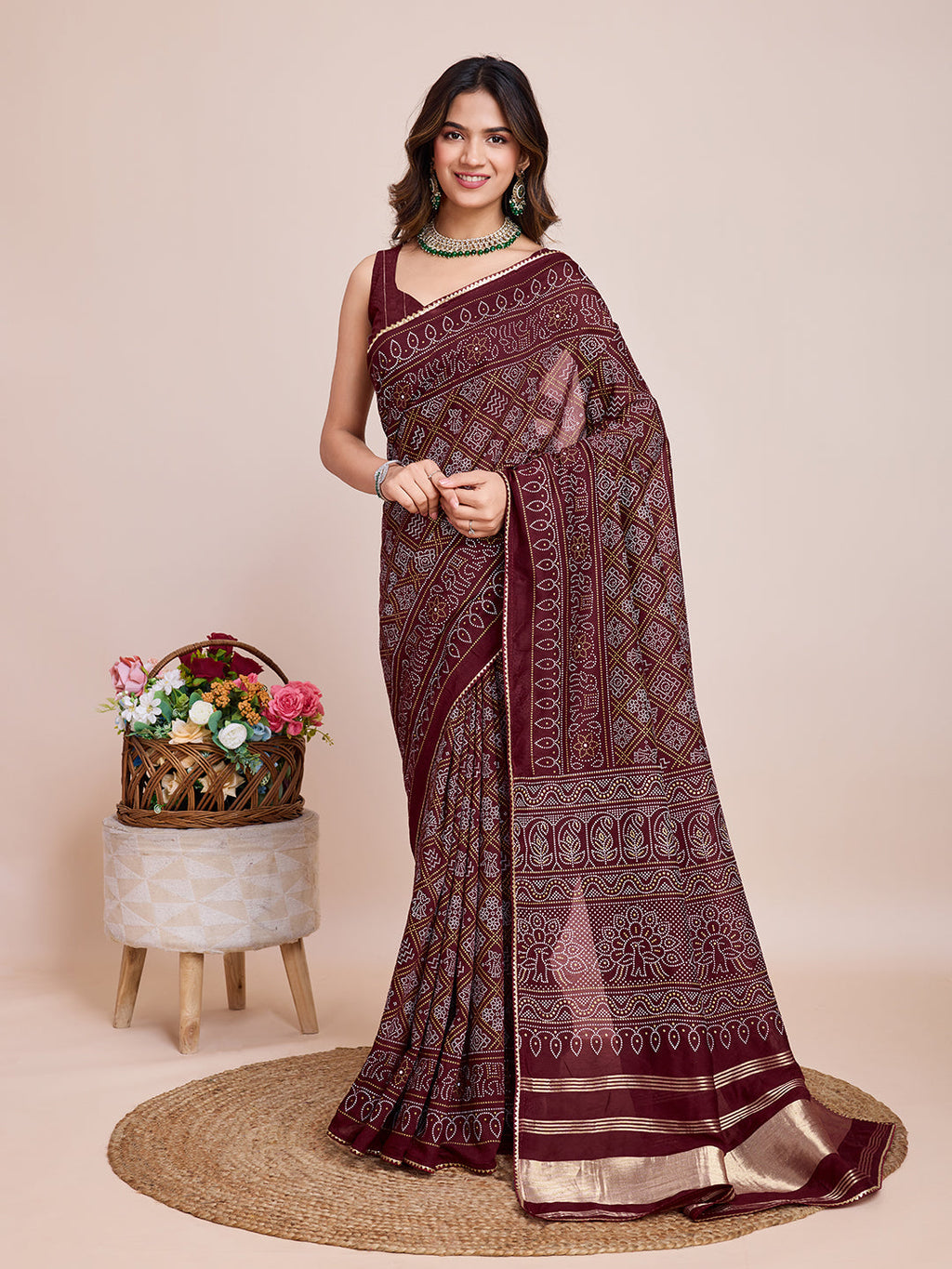 Vedant Vastram Semi Cotton Bandhani Printed Saree - Maroon