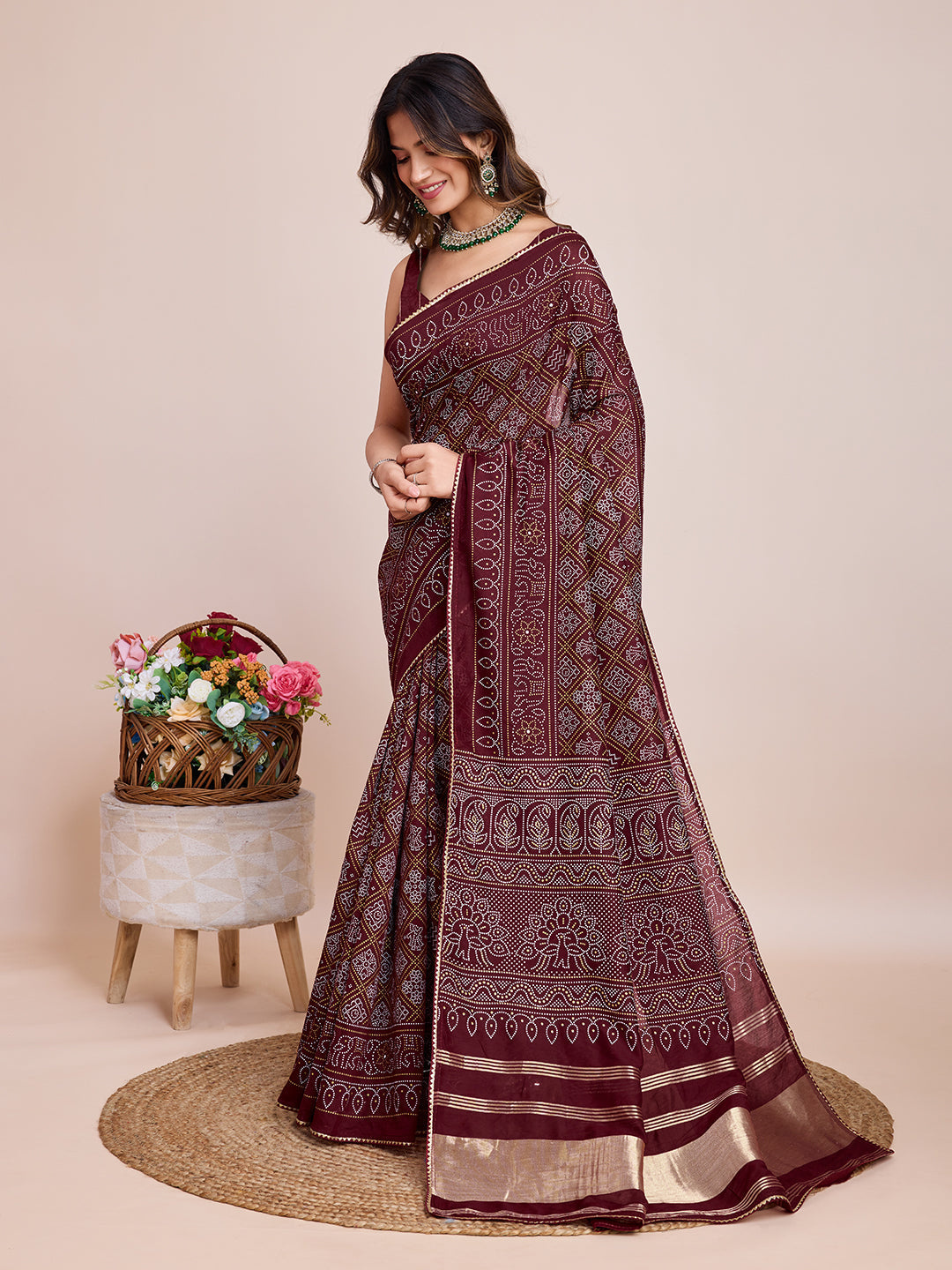 Vedant Vastram Semi Cotton Bandhani Printed Saree - Maroon