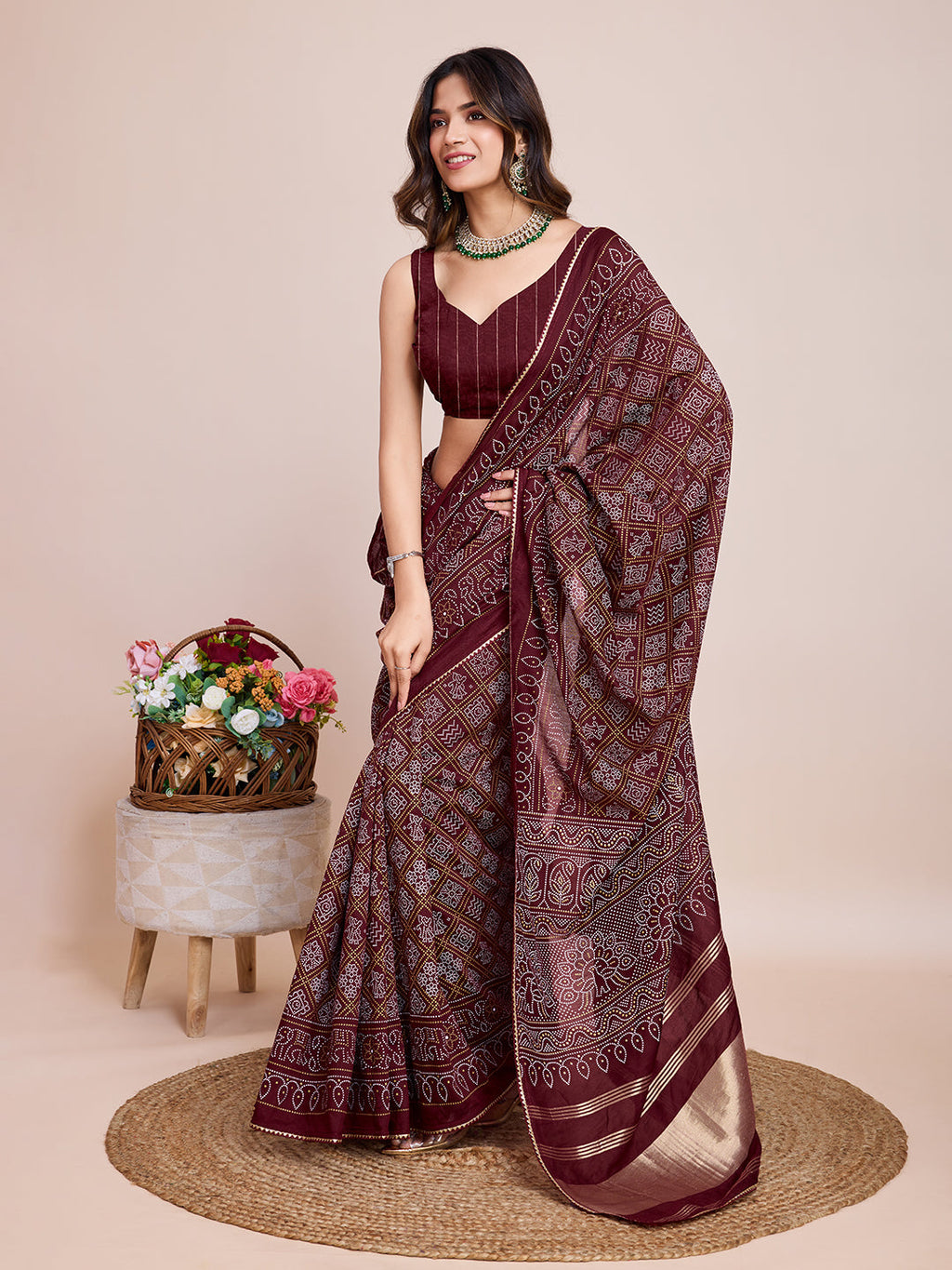 Vedant Vastram Semi Cotton Bandhani Printed Saree - Maroon