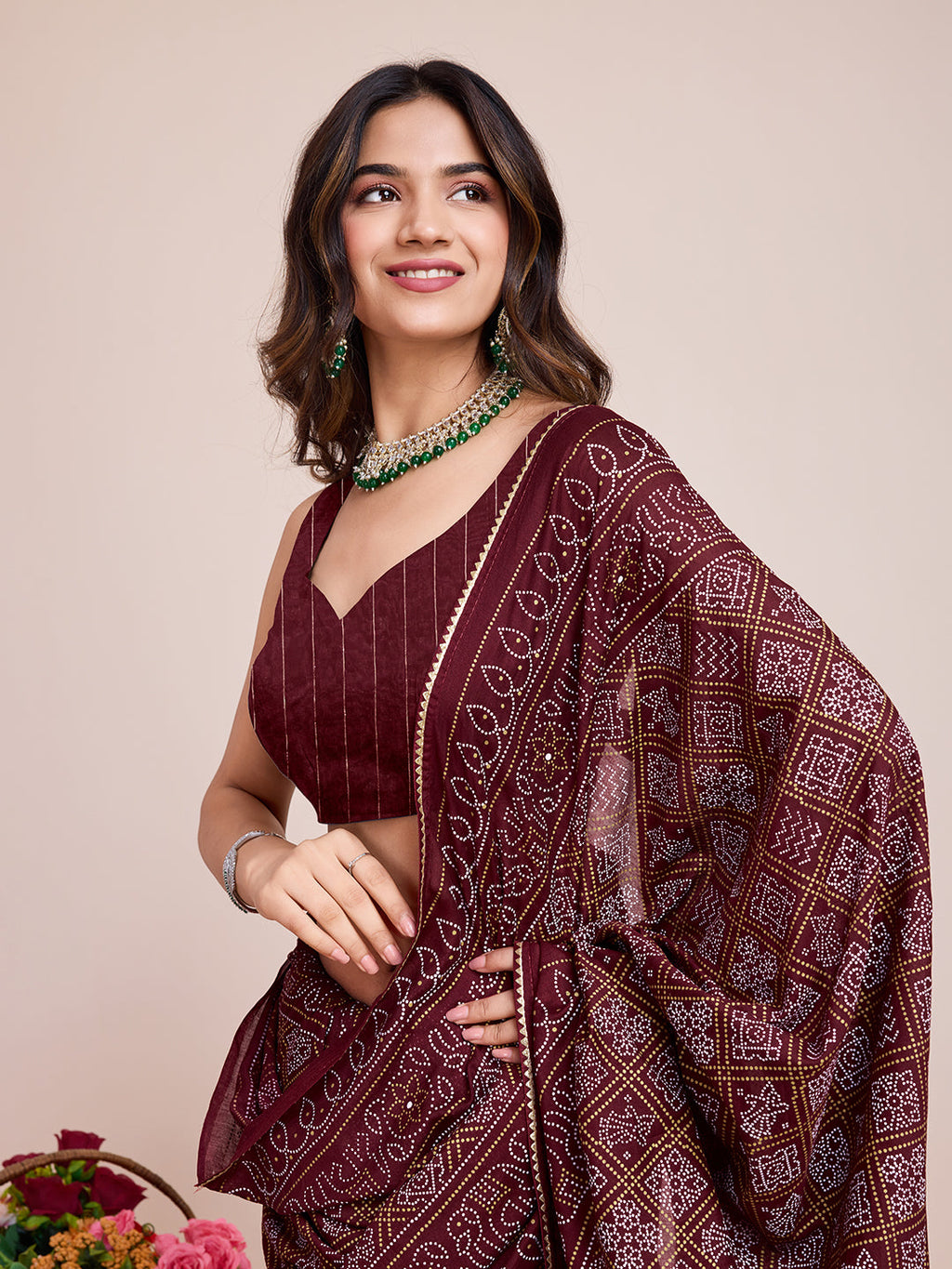 Vedant Vastram Semi Cotton Bandhani Printed Saree - Maroon