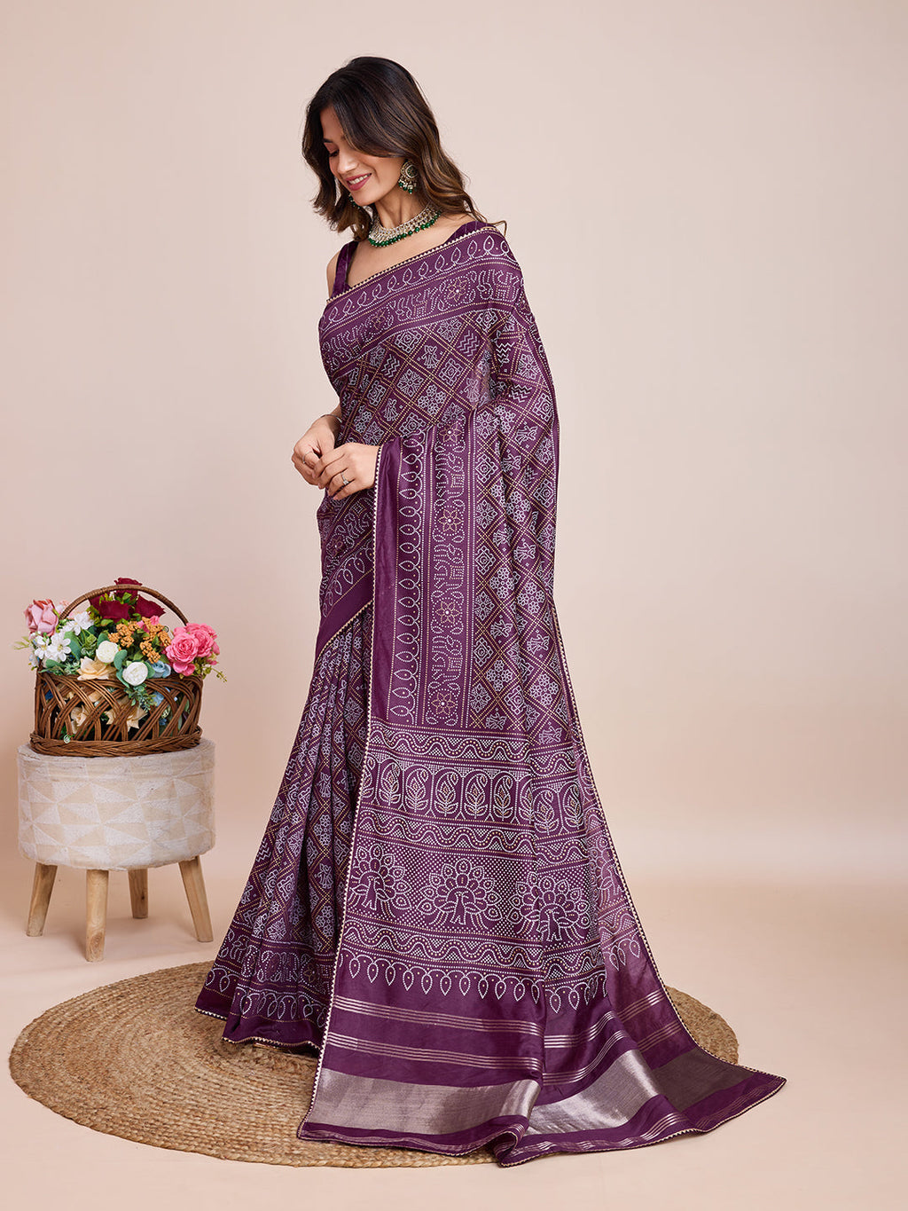 Vedant Vastram Semi Cotton Bandhani Printed Saree - Wine