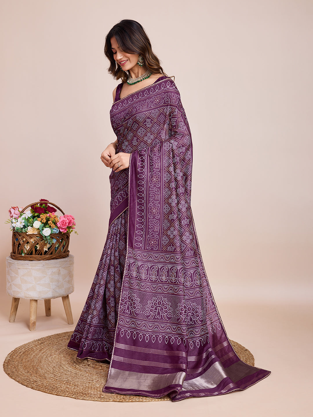 Vedant Vastram Semi Cotton Bandhani Printed Saree - Wine