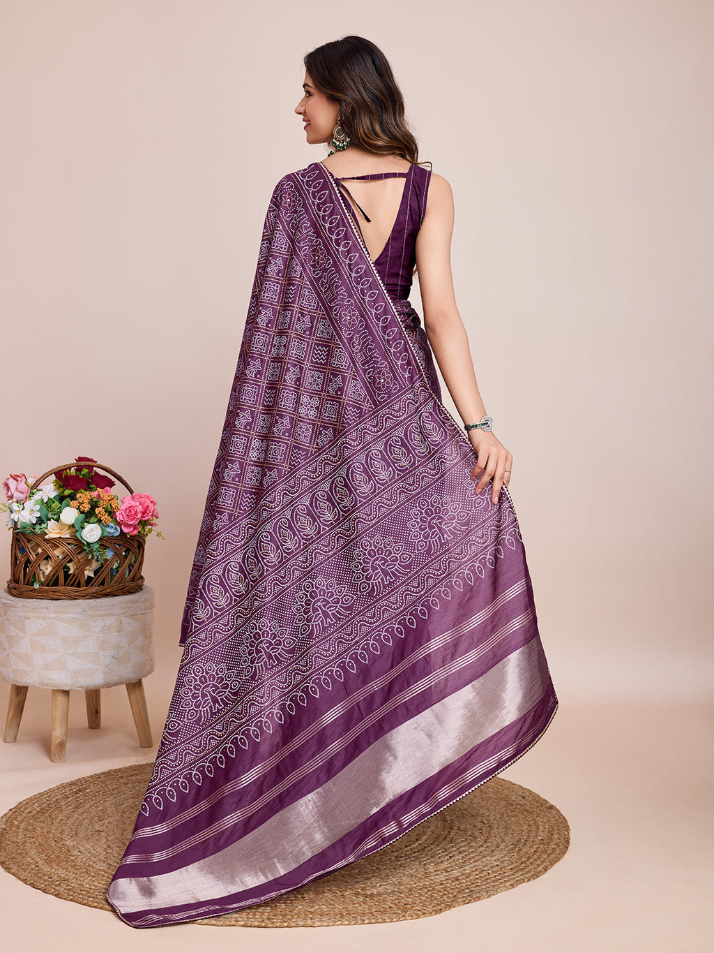 Vedant Vastram Semi Cotton Bandhani Printed Saree - Wine