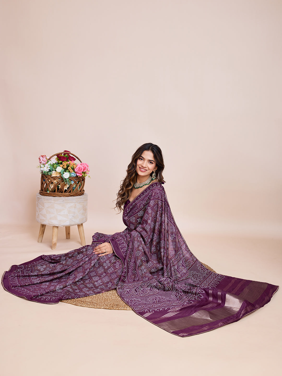 Vedant Vastram Semi Cotton Bandhani Printed Saree - Wine
