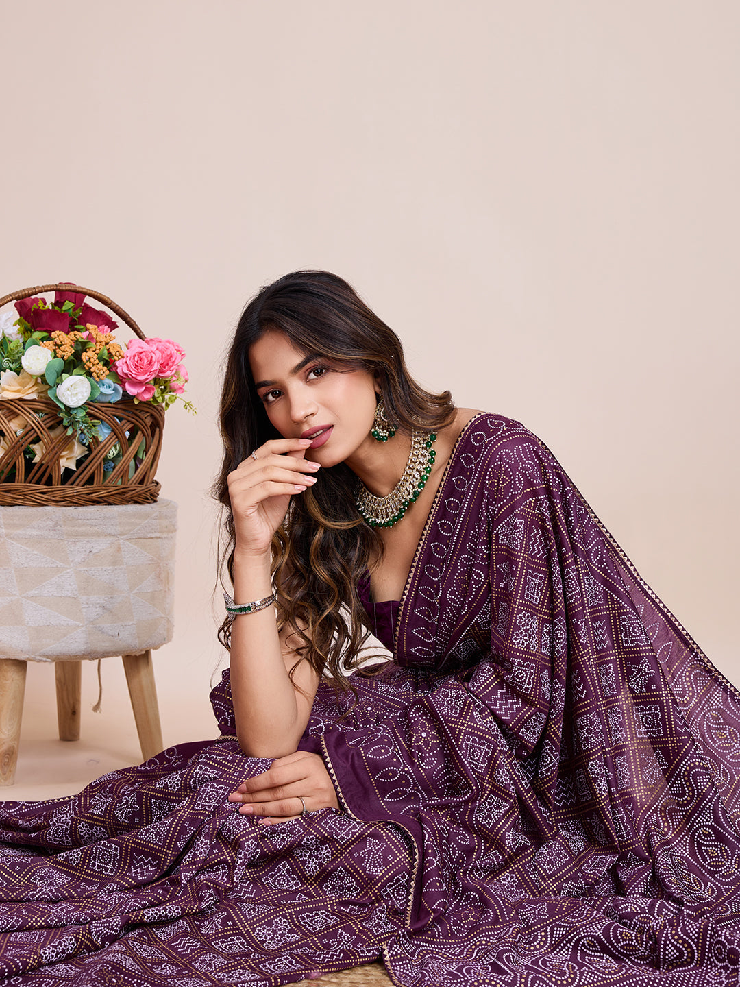 Vedant Vastram Semi Cotton Bandhani Printed Saree - Wine