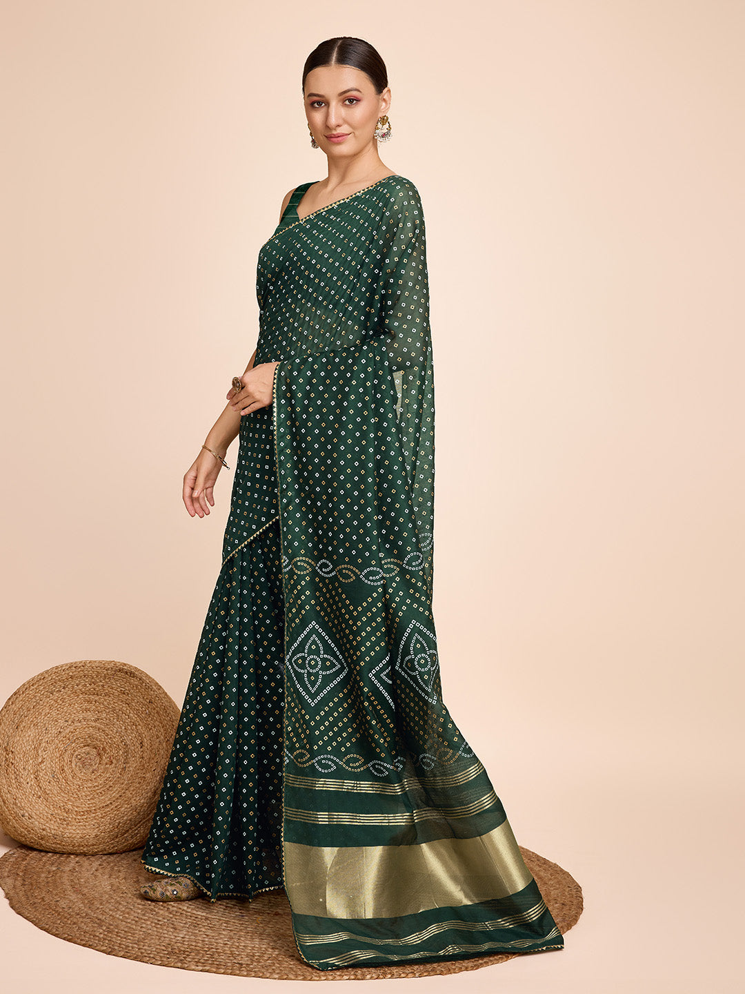 Vedant Vastram Semi Cotton Bandhani Printed Saree - Green