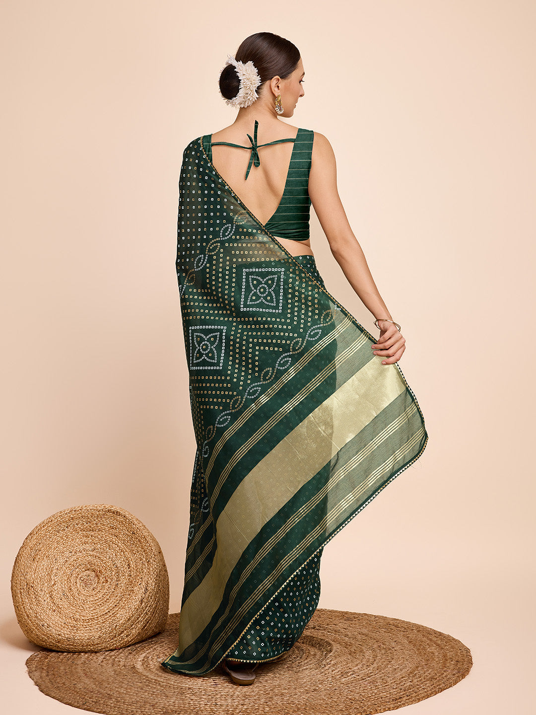 Vedant Vastram Semi Cotton Bandhani Printed Saree - Green