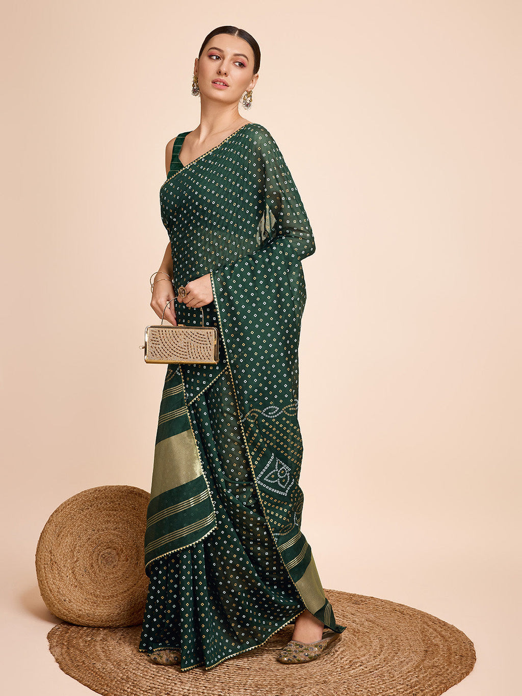 Vedant Vastram Semi Cotton Bandhani Printed Saree - Green