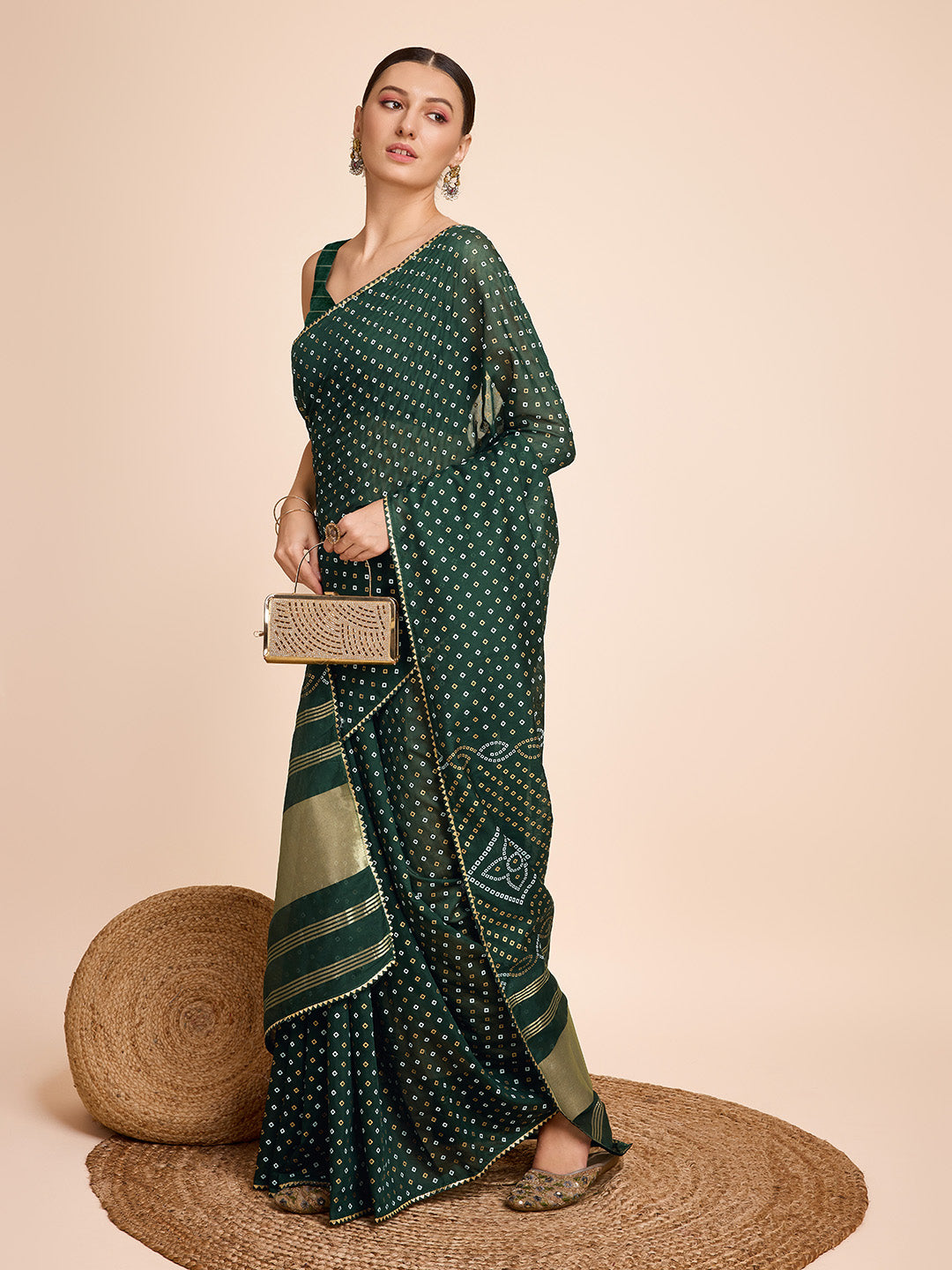 Vedant Vastram Semi Cotton Bandhani Printed Saree - Green